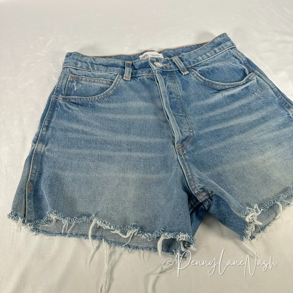 Zara High-Rise Button Fly Denim Cut Off Shorts Size 6 - Picture 2 of 12
